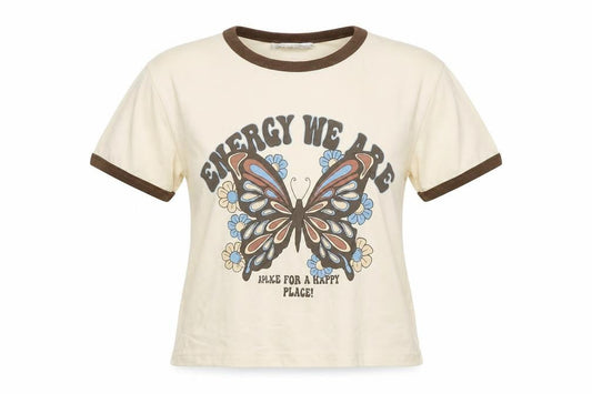 Pull & Bear Womens Beige Butterfly Ringer T-Shirt Size M