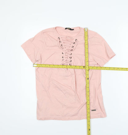 The Roadster Life Co. Women's Pink Lace Up Cotton T-Shirt Size S