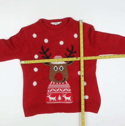 Peacocks Kids Boys Red Reindeer Christmas Jumper 9-10 Years Crew Neck Knit