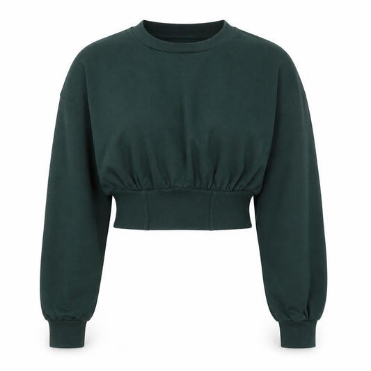 Bershka Women Dark Green Cropped Pullover Sweatshirt Size S