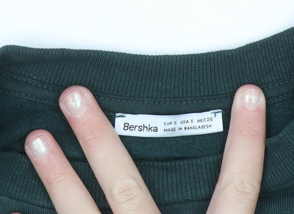 Bershka Women Dark Green Cropped Pullover Sweatshirt Size S