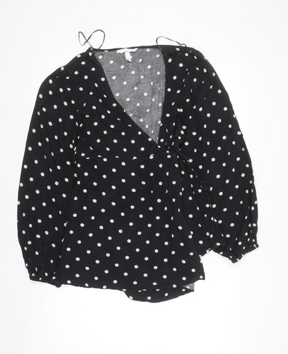 H&M Women’s Black Polka Dot Wrap Blouse Size M Long Sleeve V-Neck