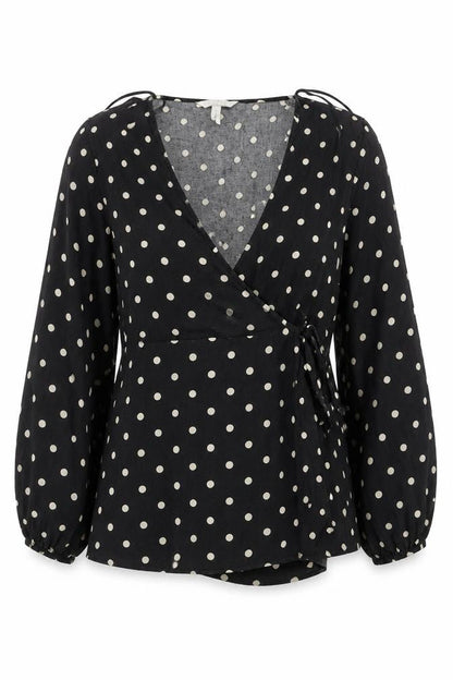 H&M Women’s Black Polka Dot Wrap Blouse Size M Long Sleeve V-Neck