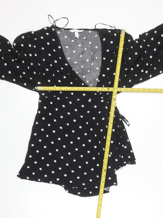 H&M Women’s Black Polka Dot Wrap Blouse Size M Long Sleeve V-Neck
