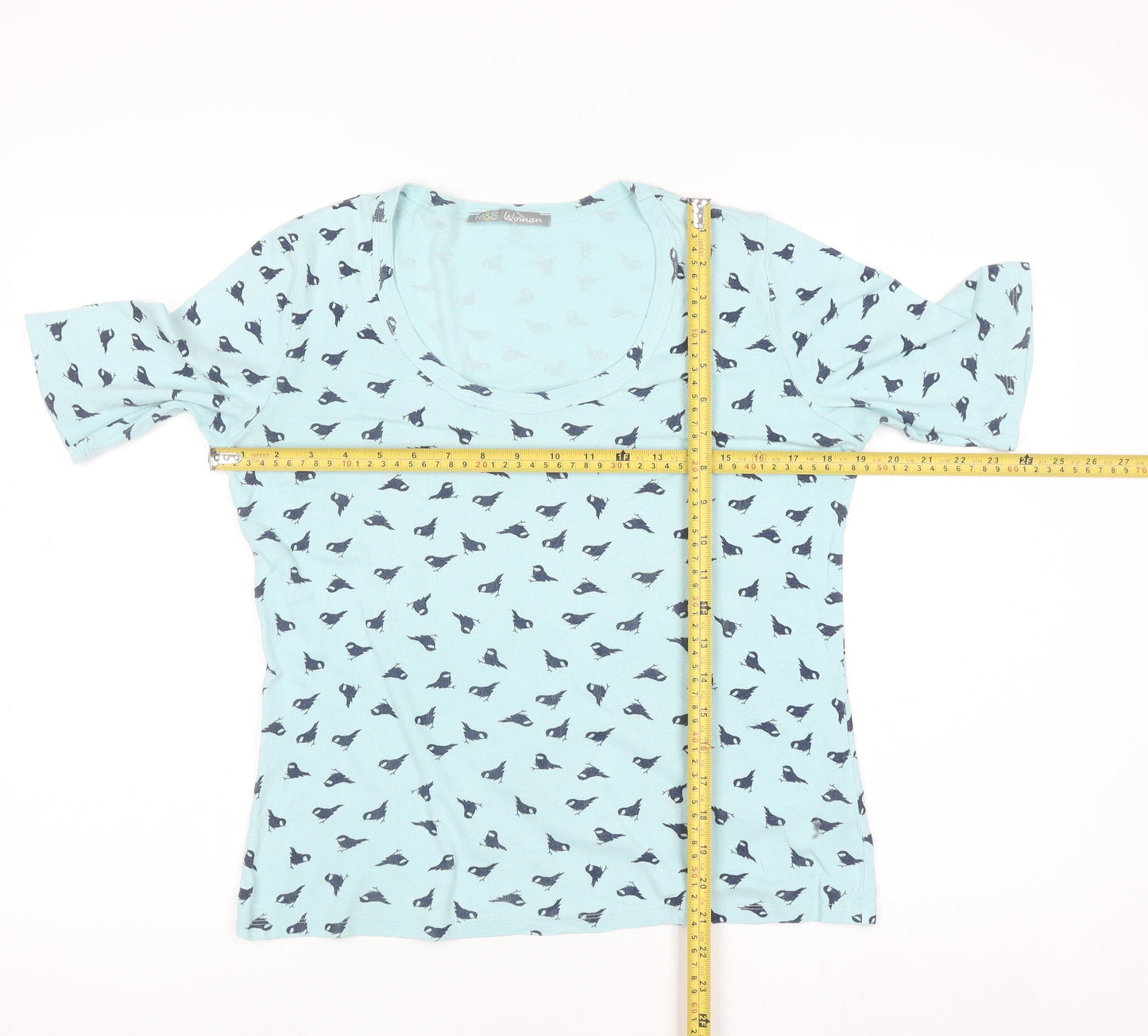 Marks and Spencer Women Turquoise Bird Print Cotton T-Shirt UK 14