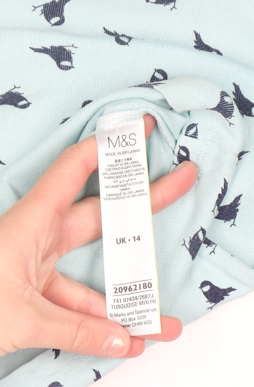 Marks and Spencer Women Turquoise Bird Print Cotton T-Shirt UK 14
