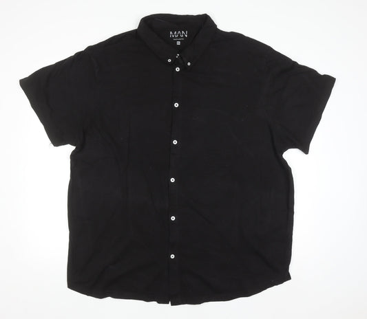 boohooMAN Men's Black Short Sleeve Button-Down Linen Blend Polo Shirt 4XL