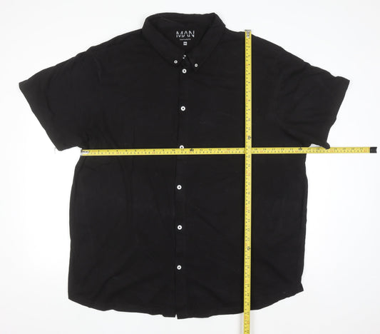 boohooMAN Men's Black Short Sleeve Button-Down Linen Blend Polo Shirt 4XL