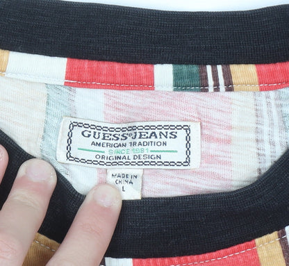Guess Men's Multicoloured Striped Crew Neck Cotton T-Shirt Size L