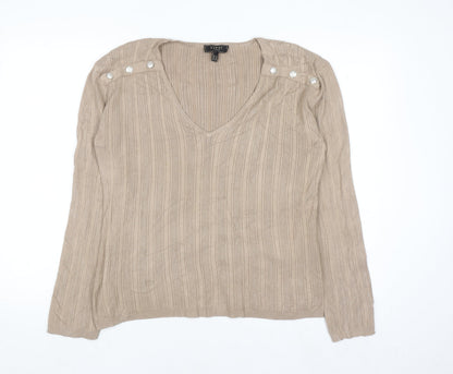 Lipsy Women Beige V-Neck Button Shoulder Long Sleeve Jumper Size 14