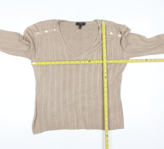 Lipsy Women Beige V-Neck Button Shoulder Long Sleeve Jumper Size 14