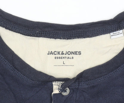 Jack & Jones Men's Blue Long Sleeve Cotton Henley Top Size L