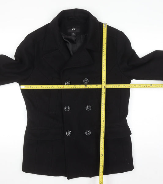 H&M Men's Black Wool Blend Pea Coat Size L 38R Double Breasted Jacket
