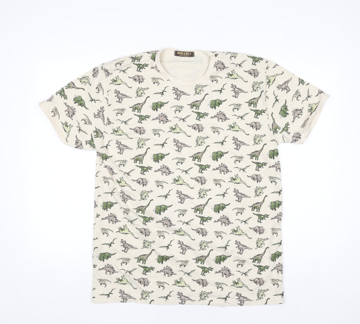 Run & Fly Men's Beige Dinosaur Print T-Shirt XL Cotton Blend
