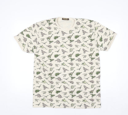 Run & Fly Men's Beige Dinosaur Print T-Shirt XL Cotton Blend
