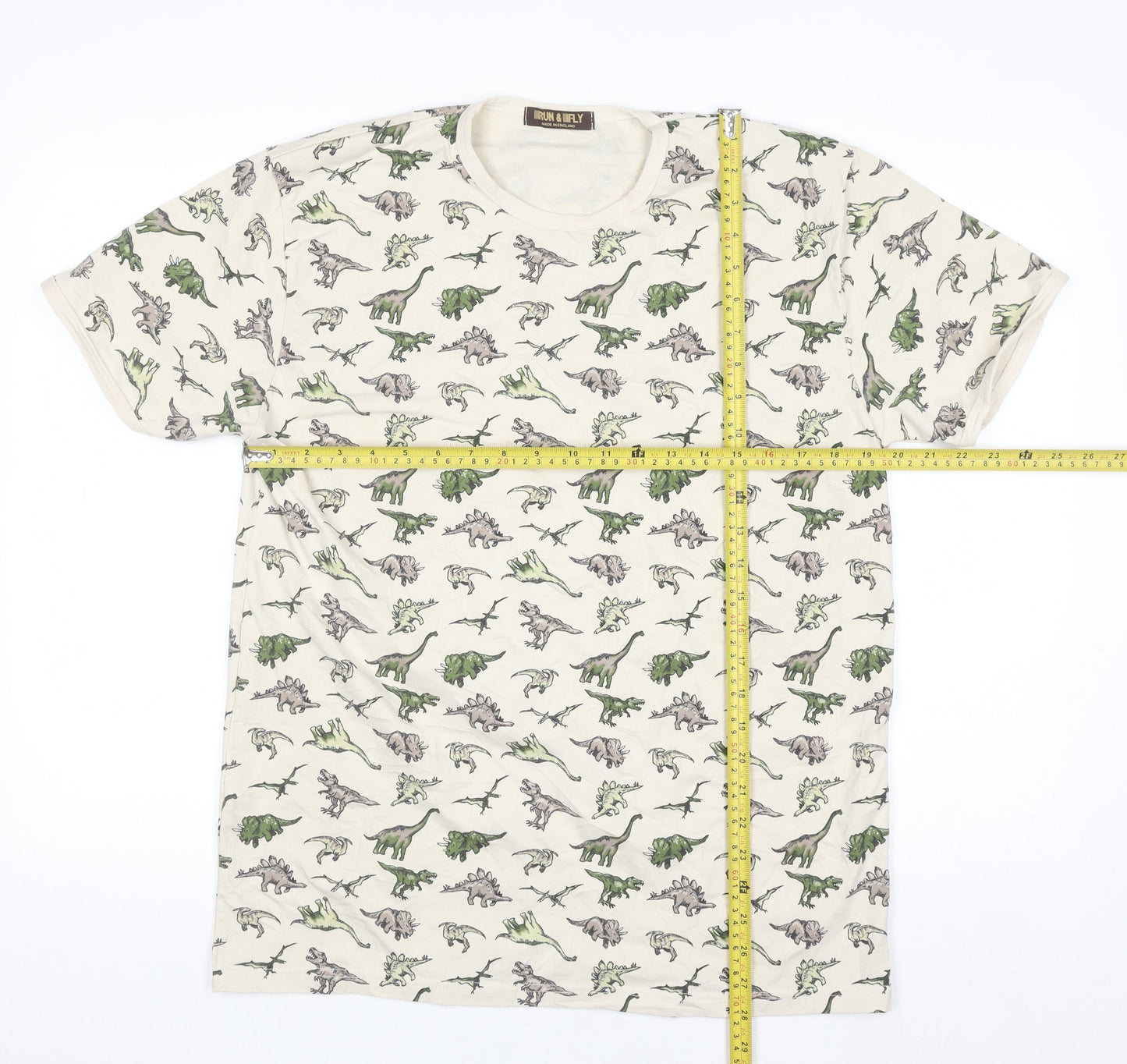 Run & Fly Men's Beige Dinosaur Print T-Shirt XL Cotton Blend
