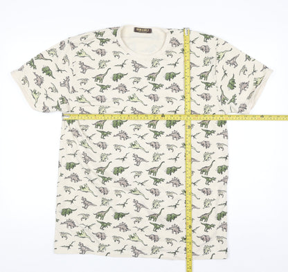 Run & Fly Men's Beige Dinosaur Print T-Shirt XL Cotton Blend