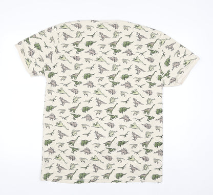 Run & Fly Men's Beige Dinosaur Print T-Shirt XL Cotton Blend