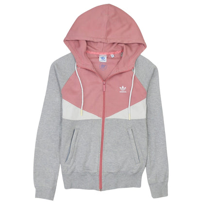 Adidas Womens Grey Pink Full Zip Hoodie Size 8 Colourblock Hooded Sweatshirt