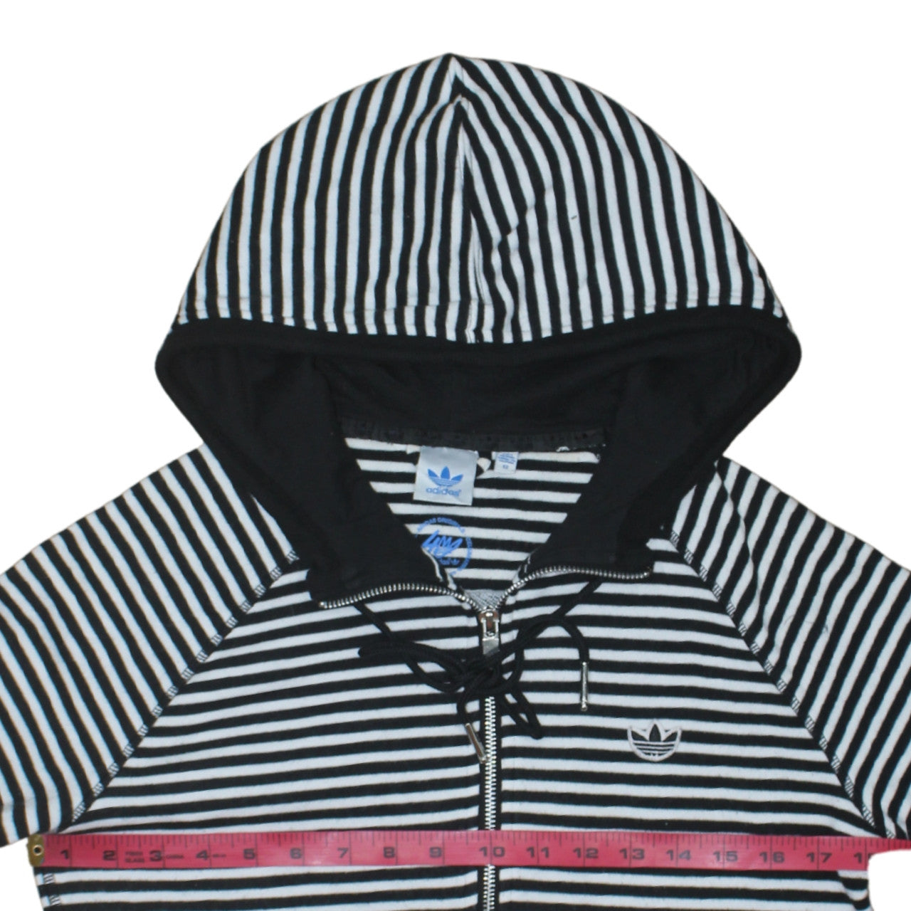 Adidas Women Black White Striped Full Zip Cotton Hoodie Size 12