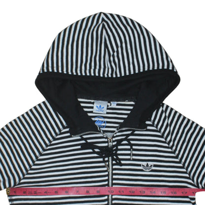 Adidas Women Black White Striped Full Zip Cotton Hoodie Size 12