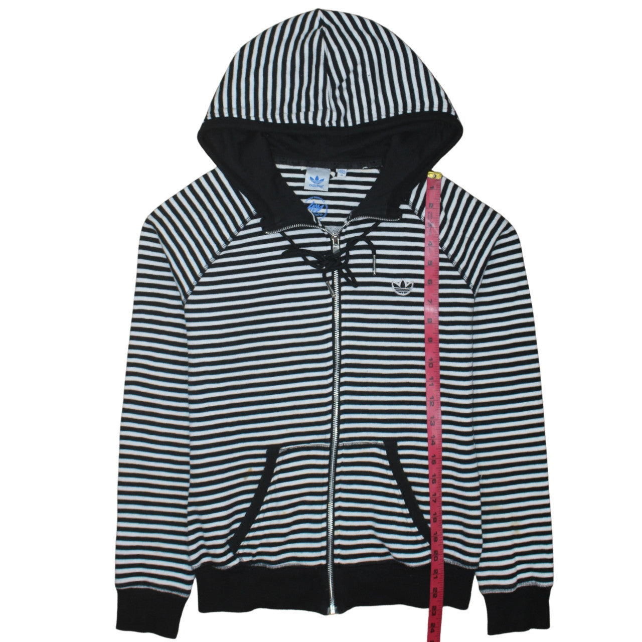 Adidas Women Black White Striped Full Zip Cotton Hoodie Size 12