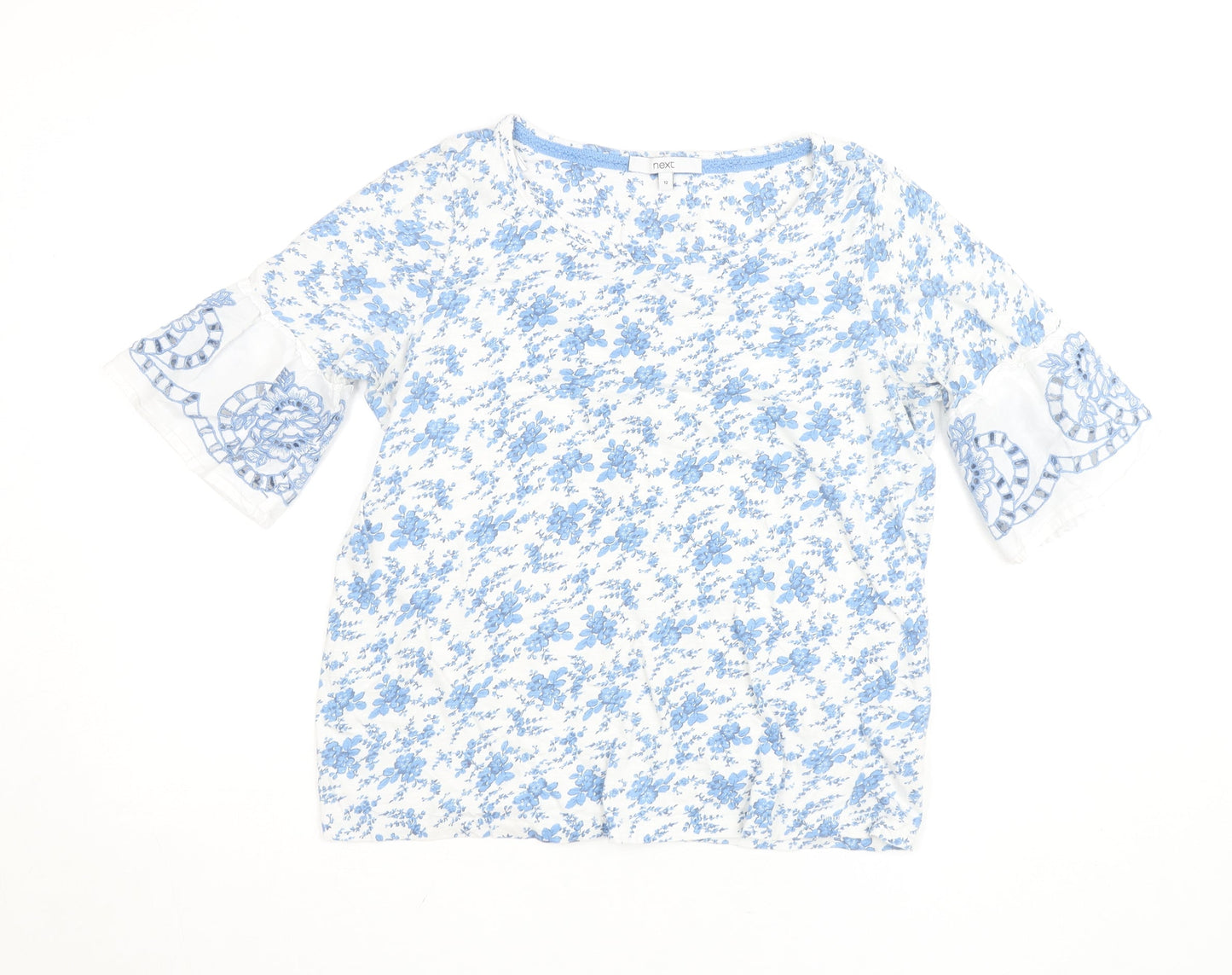 Next Women Blue Floral Cotton Embroidered Blouse Size 12