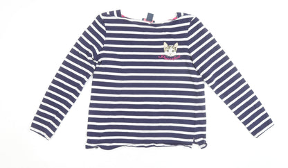 Oasis Womens Blue Striped Long Sleeve Cat Embroidered T-Shirt Size M