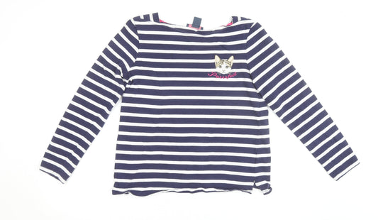 Oasis Womens Blue Striped Long Sleeve Cat Embroidered T-Shirt Size M