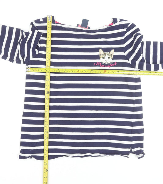 Oasis Womens Blue Striped Long Sleeve Cat Embroidered T-Shirt Size M