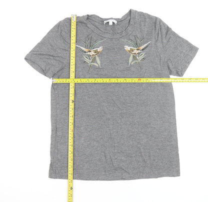 Warehouse Women’s Grey Embroidered Bird Cotton Blend T-Shirt Size 12