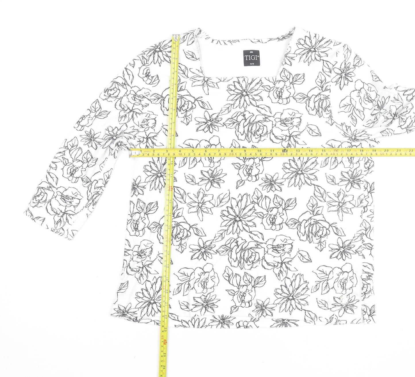 TIGI Women's White Floral 3/4 Sleeve Scoop Neck T-Shirt Size 14