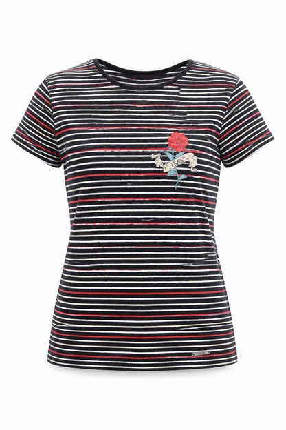 ELLE Women's Multicoloured Striped Embroidered T-Shirt Size S UK10