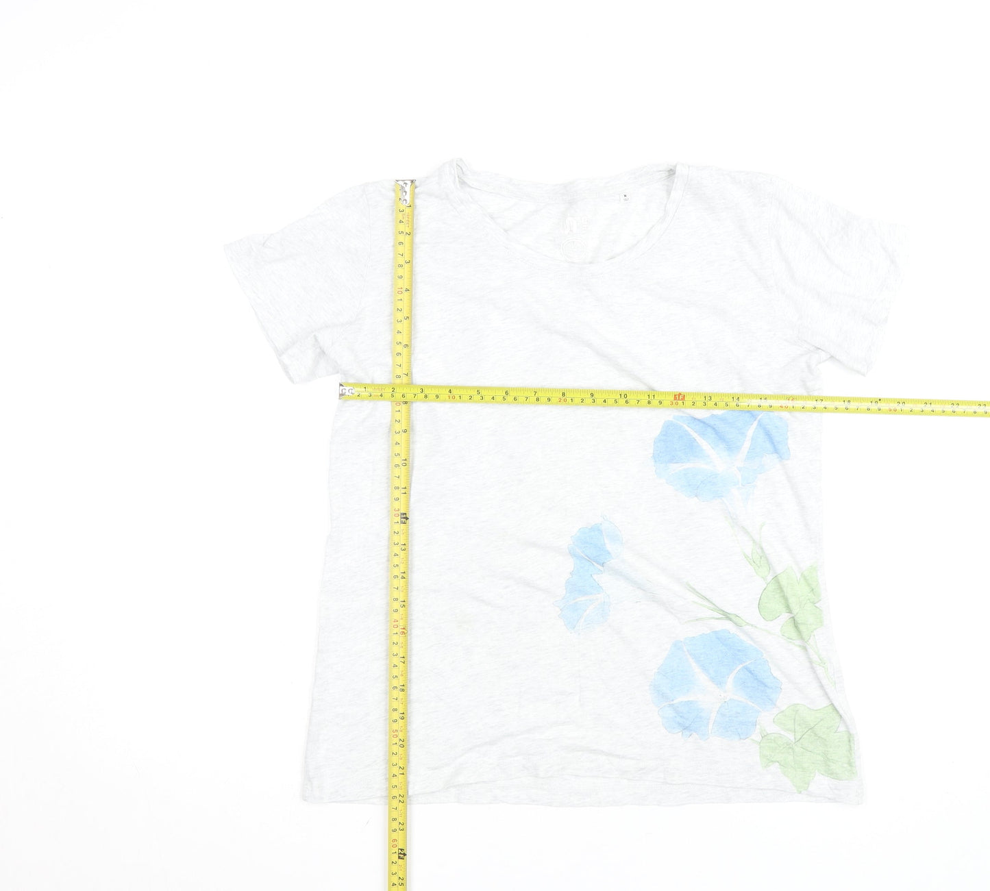 UNIQLO Women White Floral Cotton T-Shirt M Short Sleeve