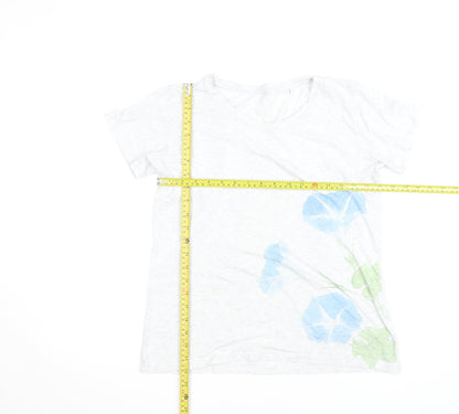 UNIQLO Women White Floral Cotton T-Shirt M Short Sleeve