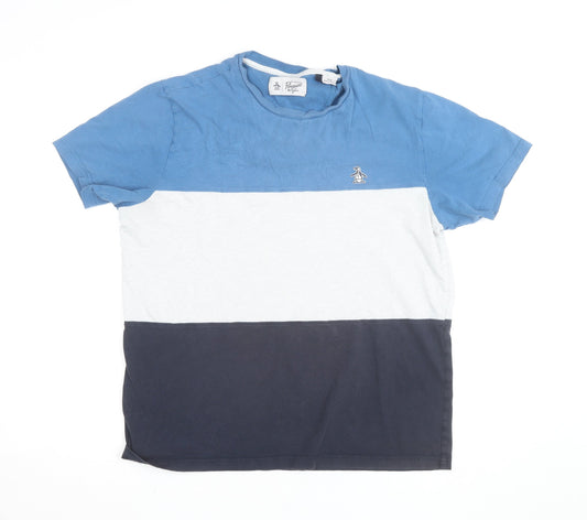 Original Penguin Men's Blue Colourblock Crew Neck Cotton T-Shirt Size L
