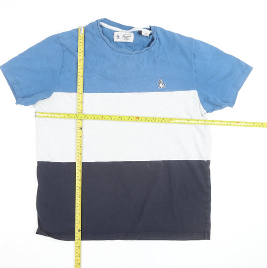 Original Penguin Men's Blue Colourblock Crew Neck Cotton T-Shirt Size L