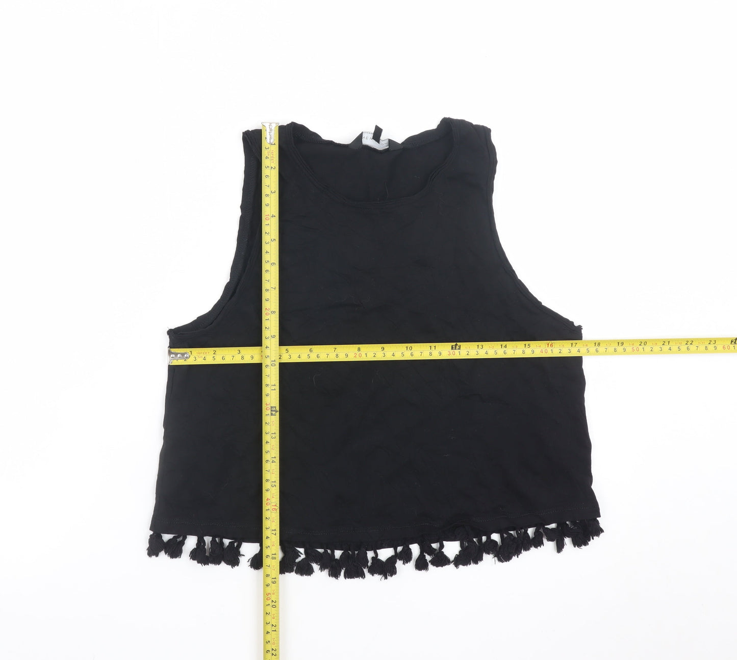 New Look Women’s Black Cropped Fringe Tank Top Size 8 Cotton