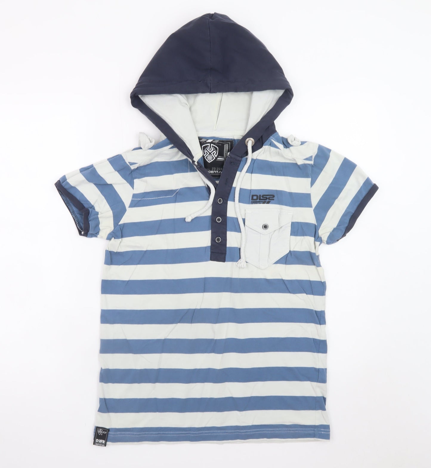 Dissident Men's Blue Striped Hooded Henley Cotton T-Shirt Size S