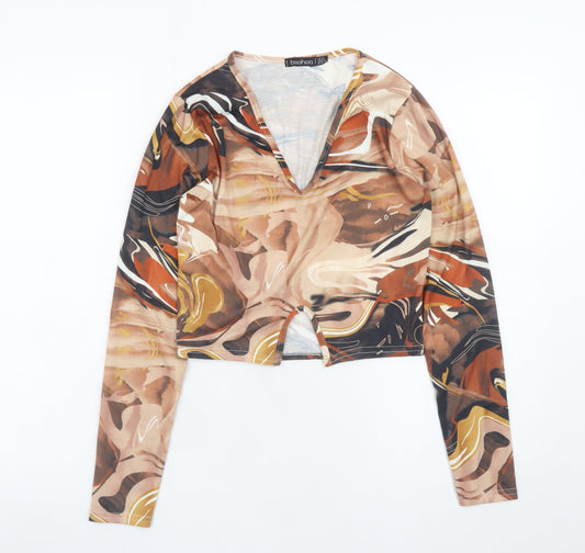 Boohoo Women’s Multicoloured Cropped V-Neck Long Sleeve Blouse Size 10