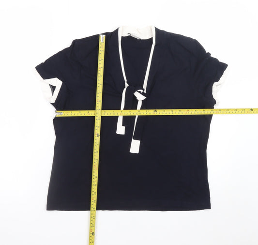 Precis Petite Women’s Blue Short Sleeve Tie Neck Blouse L