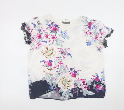 Oasis Women's Floral Short Sleeve Blouse White Multi UK 16 Viscose Lace Trim