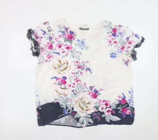 Oasis Women's Floral Short Sleeve Blouse White Multi UK 16 Viscose Lace Trim