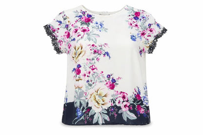 Oasis Women's Floral Short Sleeve Blouse White Multi UK 16 Viscose Lace Trim