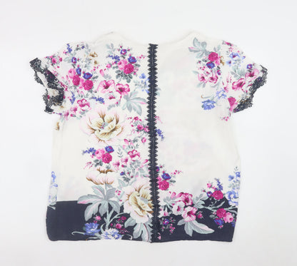 Oasis Women's Floral Short Sleeve Blouse White Multi UK 16 Viscose Lace Trim