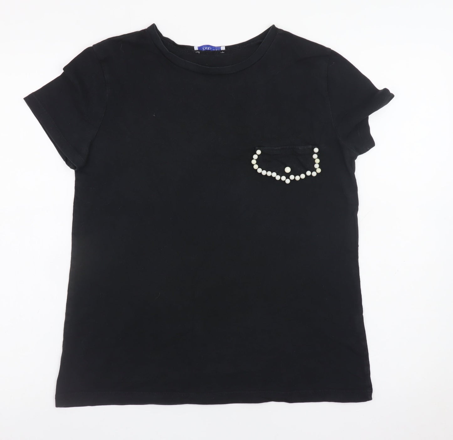 Zara Women Black Beaded Pocket Short Sleeve Cotton T-Shirt Size 10