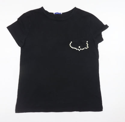 Zara Women Black Beaded Pocket Short Sleeve Cotton T-Shirt Size 10