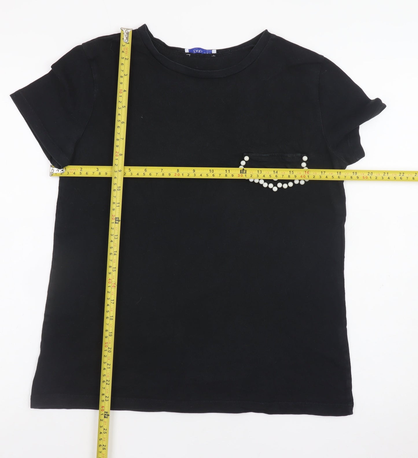 Zara Women Black Beaded Pocket Short Sleeve Cotton T-Shirt Size 10