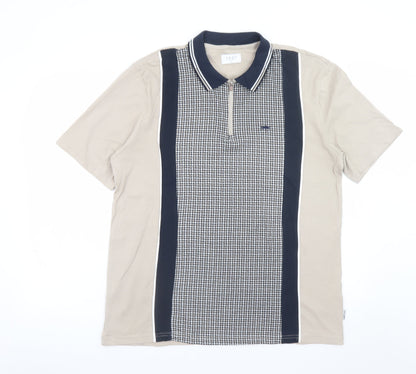 Easy Mens Beige and Navy Houndstooth Polo T-Shirt Size L Cotton Retro