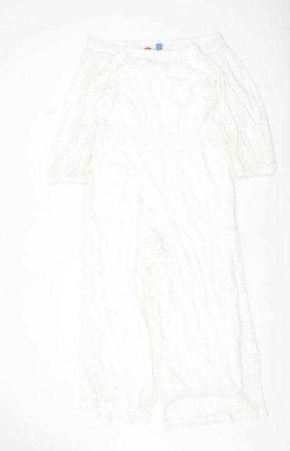 FARM Rio for Anthropologie Womens White Off Shoulder Lace Jumpsuit M